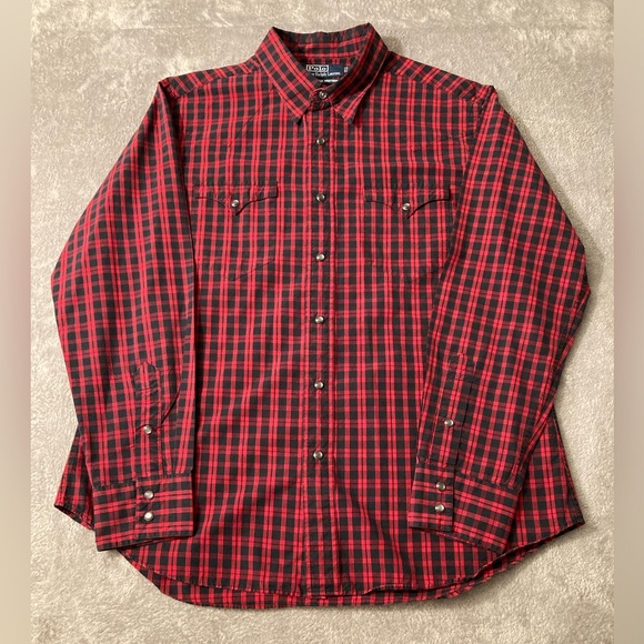 Vintage Polo Ralph Lauren Pearl Snap Red‎ Plaid Classic Western Shirt Mens Large - Picture 1 of 6